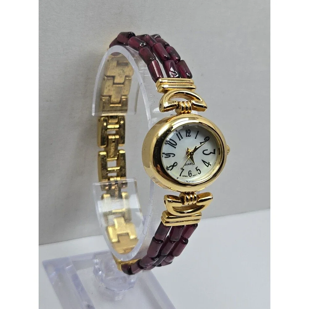 Womens Vintage Avon Purple Beaded Gold Tone Watch Quartz Y2K Dainty New Battery